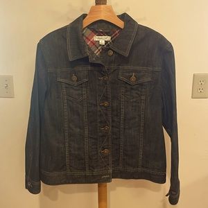 Denim Jean Jacket with Red Plaid Accents